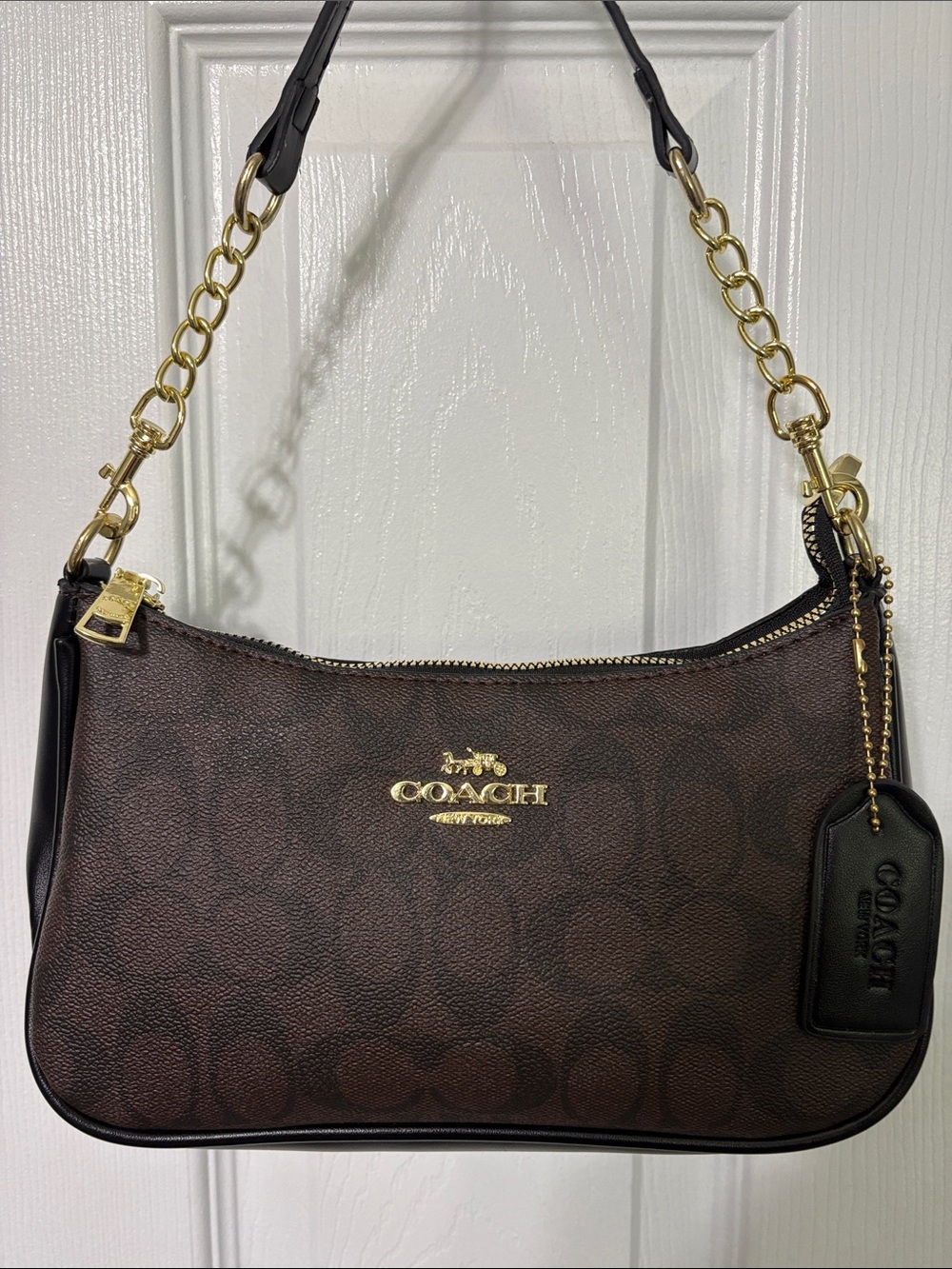 Coach Signature Brown Mini Shoulder Bag with Gold Hardware